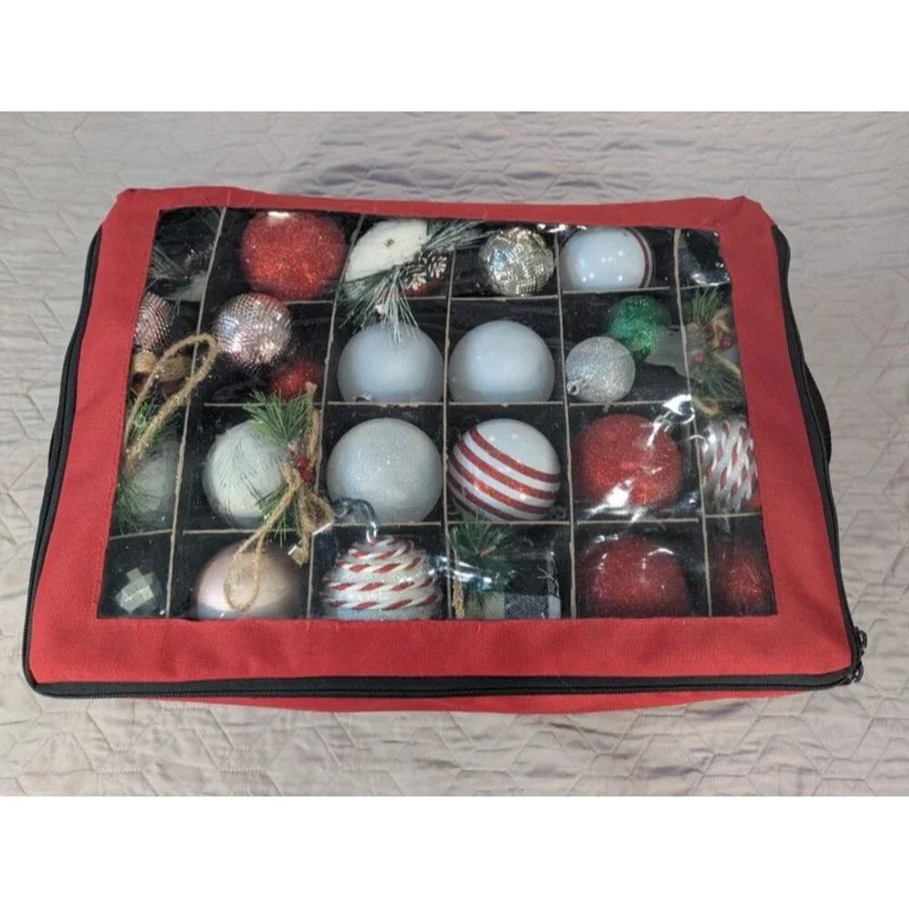 Santa's Bags Christmas Ornaments with Storage Case Red Zippered Container